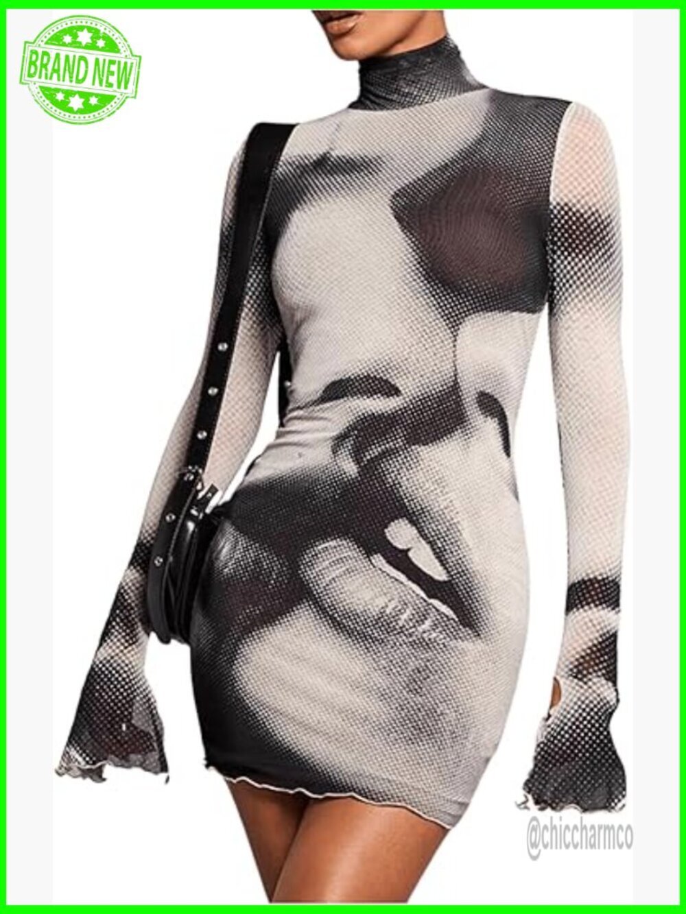 Graphic Print Bodycon Mini Dress Turtleneck Long Sleeve Pencil Dress